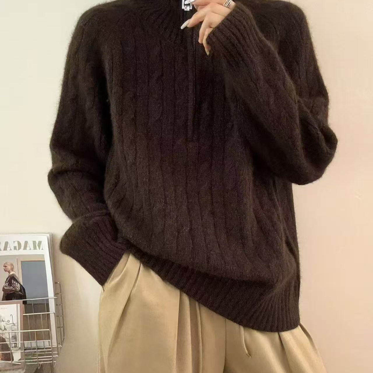 乐久时尚浣熊绒半拉链麻花高领毛衣女秋冬加厚针织衫套头打底上衣