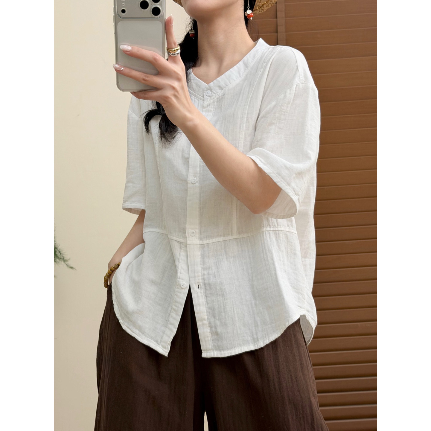 889夏季新款文艺复古婴儿棉衬衫女宽松休闲百搭圆领上衣通勤纽扣