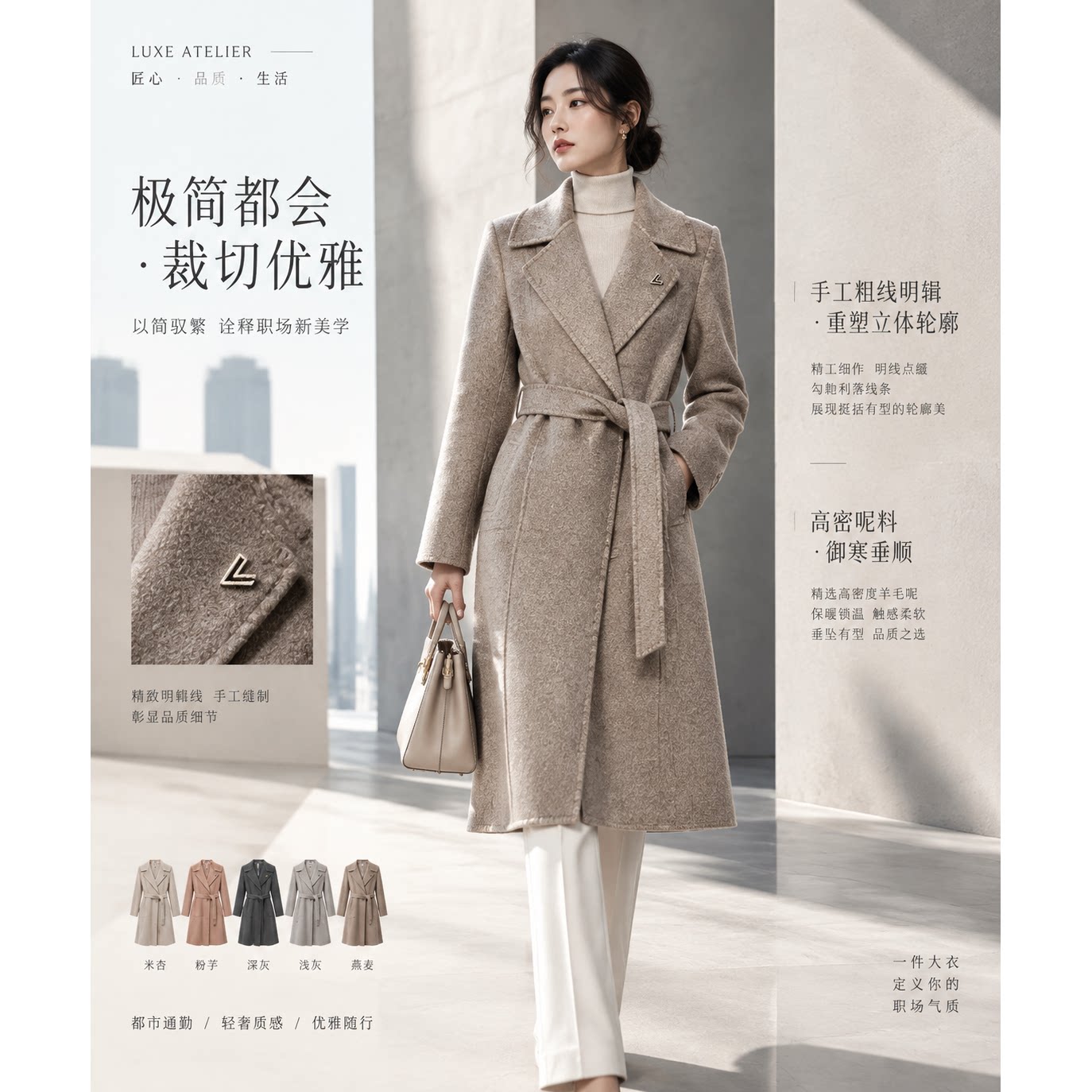 202高端双面羊绒大衣女中长款新款冬季西装领修身显瘦毛呢外套