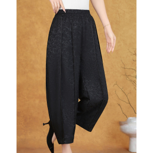 749夏季新款仿真丝九分女士休闲灯笼裤妈妈宽松阔腿暗花纹哈伦裤