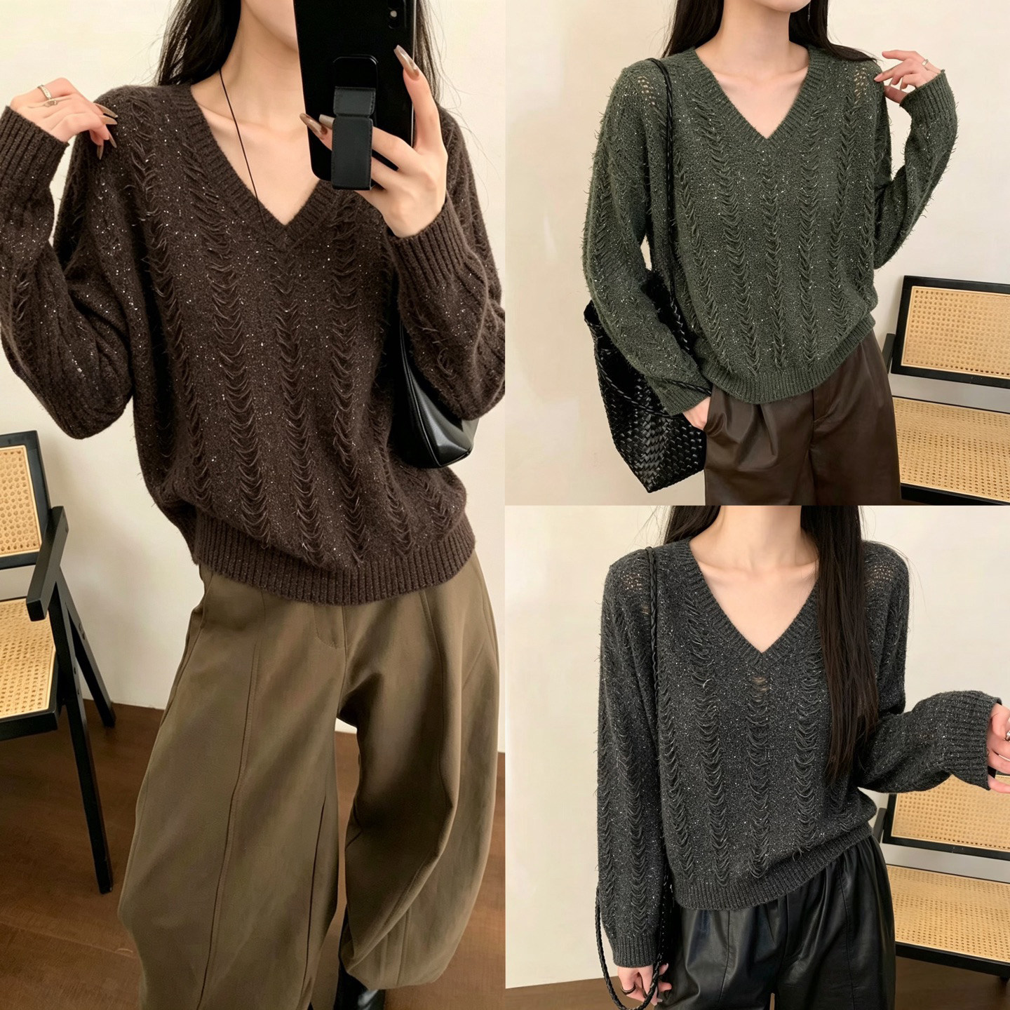 081高级感麻花V领毛衣针织衫女春季新款宽松慵懒套头打底衫上