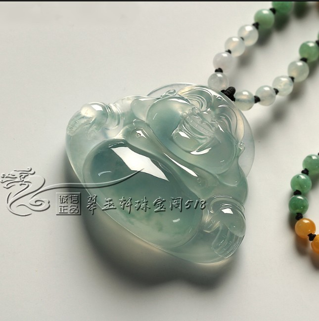 处理价翡翠色吊坠笑佛绿飘花冰种佛公平安玉石吊坠毛衣链高端捡漏
