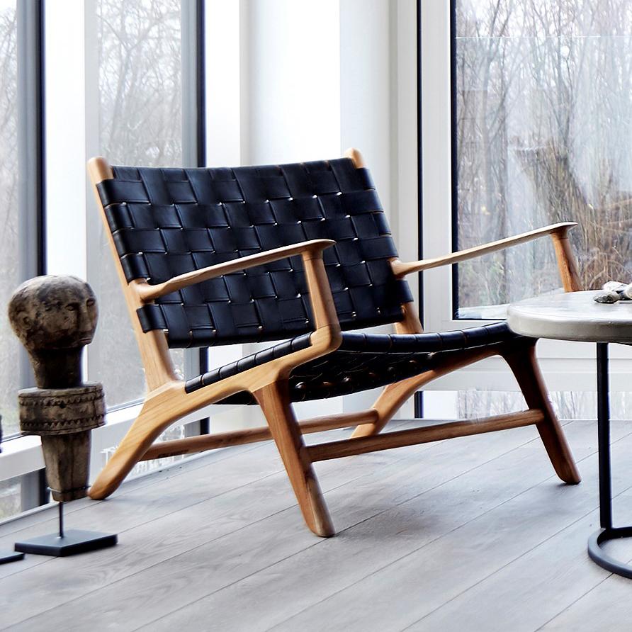 北欧新款日式设计民宿客厅卧室接待椅榆木胡桃木真皮编织休闲椅