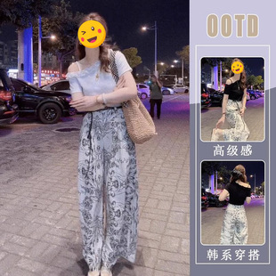 套装 2025夏季 t恤女上衣高腰印花阔腿裤 新款 甜美风木耳边斜肩短袖