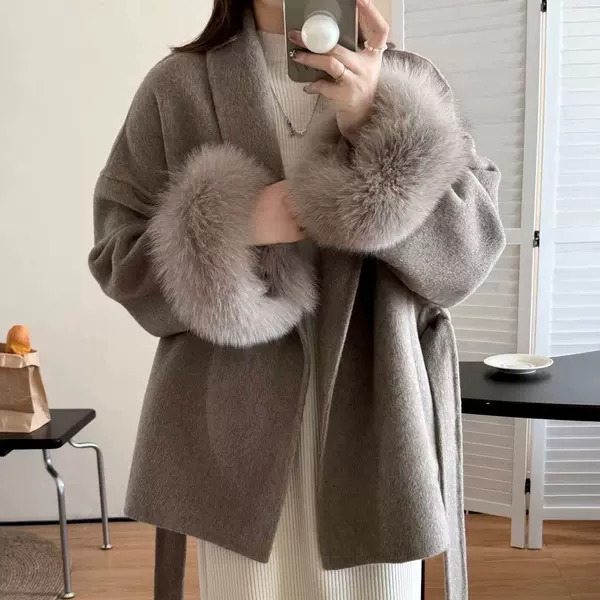 灰色狐狸毛领双面羊绒羊毛大衣女2025秋冬法式气质感毛呢外套