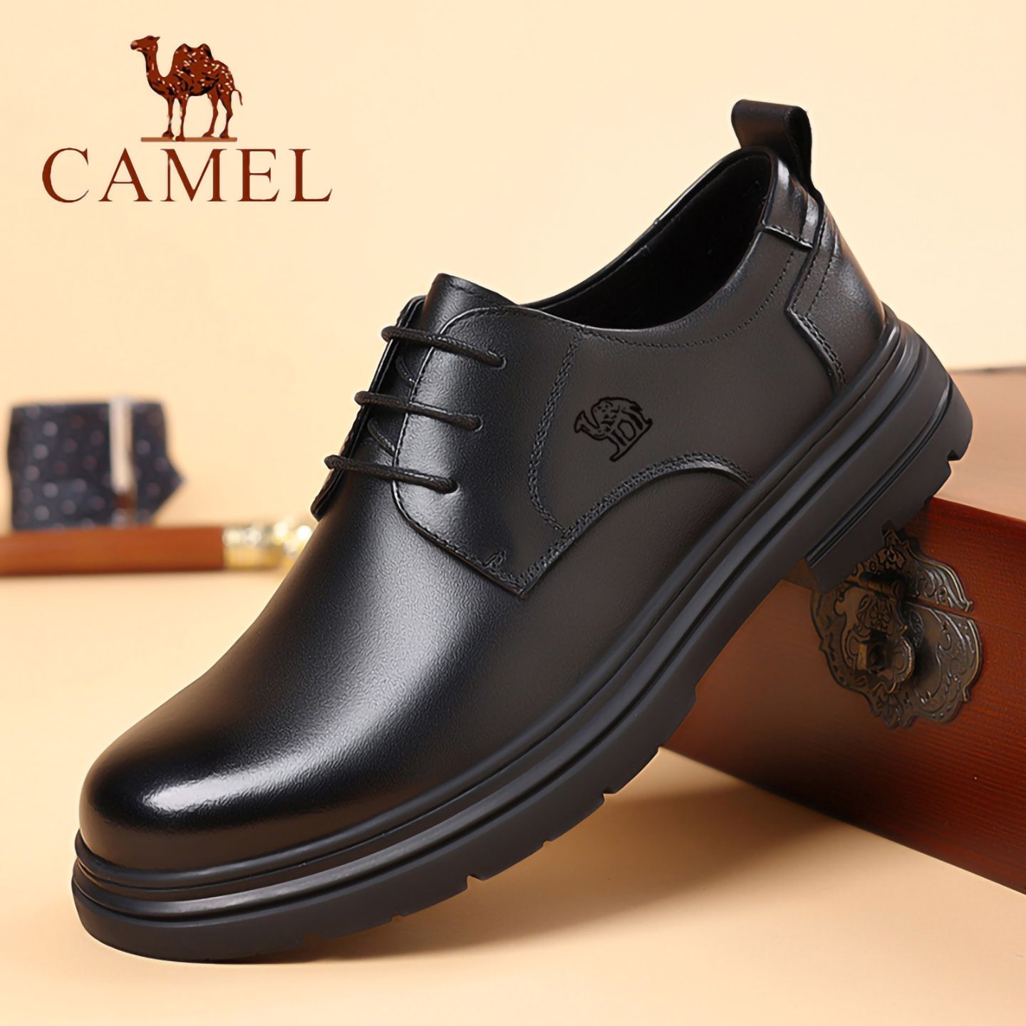 骆驼男鞋真皮商务休闲皮鞋2025新款软底手工缝线牛皮透气大头鞋子