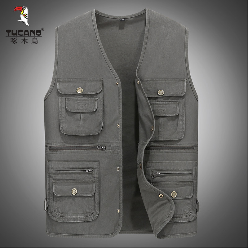 啄木鸟春秋季男士马甲中年纯棉坎肩休闲多口袋钓鱼背心爸爸装马夹,男装,常规马甲,淘宝优惠券,粉丝福利购,淘宝优惠卷