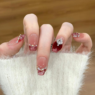 手工儿童美甲穿戴甲高级感中长款红色香风萝莉指甲贴片2026年新款