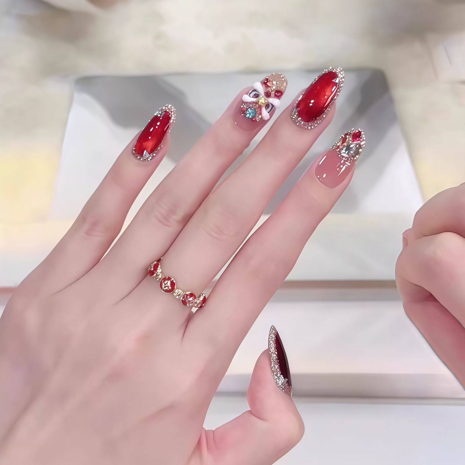 纯手工美甲穿戴甲高级感过年红色醒狮万事大吉指甲贴片2026年新款,彩妆/香水/美妆工具,穿戴甲/甲片,淘宝优惠券,粉丝福利购,淘宝优惠卷