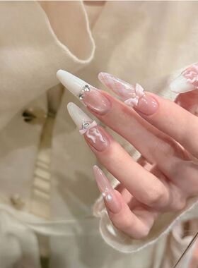 手工美甲穿戴甲2026新款猫眼法式白色蝴蝶结中长款儿童假指甲贴片