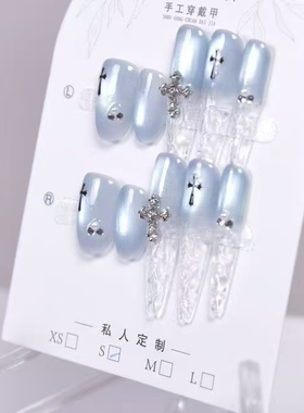 手工儿童美甲穿戴甲短款2026新款高级感蓝色中长款女孩假指甲贴片