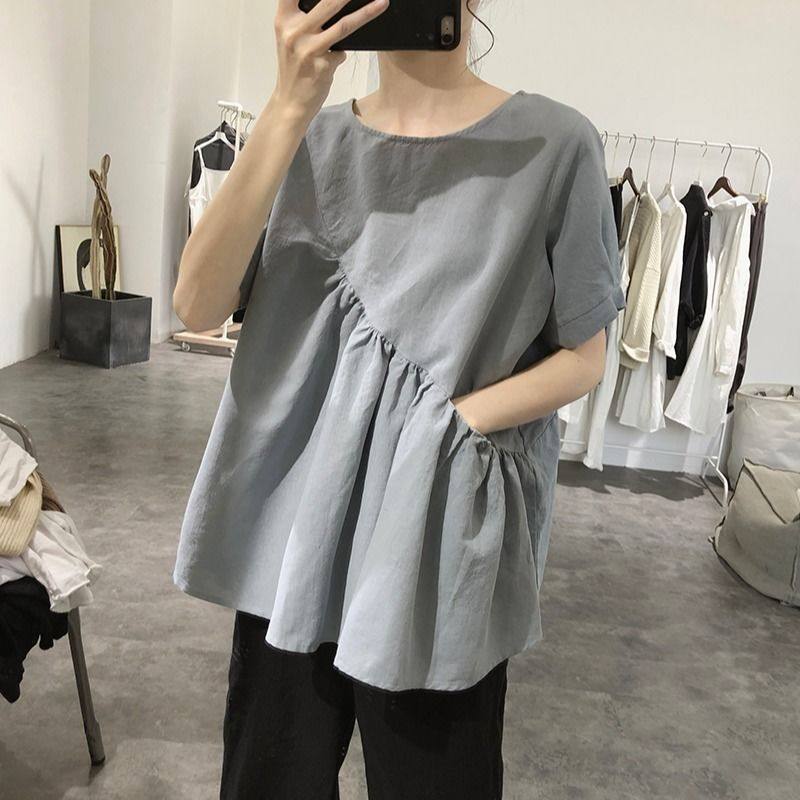 不规则棉麻衬衫女士夏新款简约褶皱套头宽松显瘦韩版圆领短袖上衣
