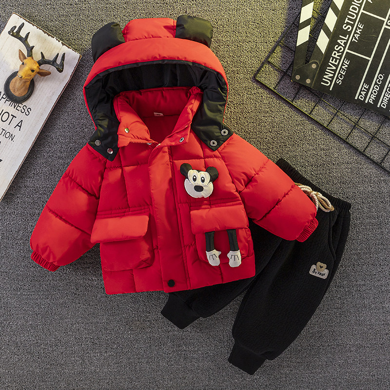 卡通风男女宝宝羽绒棉服套装冬季加厚保暖连帽后背米奇棉袄外套洋