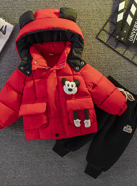 卡通风男女宝宝羽绒棉服套装冬季加厚保暖连帽后背米奇棉袄外套洋