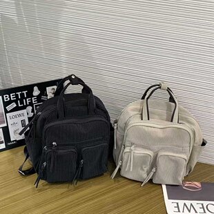 多口袋夹层小众双肩包PU软皮休闲大容量双肩包包百搭英伦双肩背包