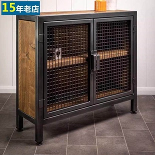 loft复古实木餐边柜家用定制斗柜铁艺工业风置物架储物柜酒柜 美式
