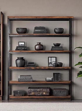 loft美式实木简约书柜陈列架厨房隔板多层置物架复古收纳铁艺书架