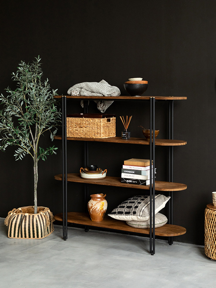 老松木实木一字板书架落地客厅办公室书房铁艺置物架复古风展示架