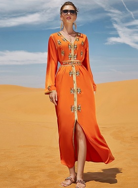 Sera轻奢订货BA7052橙色重工手缝钻女士连衣裙宫廷风 聚会长袍