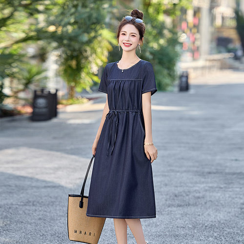 Sera轻奢牛仔蓝连衣裙女中长款2025夏季新款设计感宽松显瘦短袖