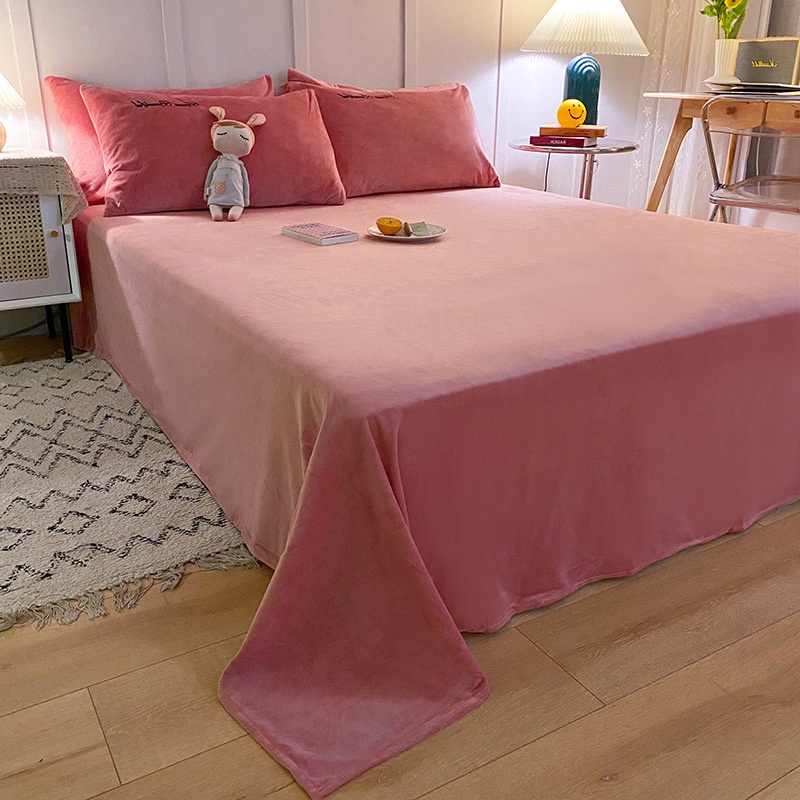 豆沙粉色加厚水晶绒床单单件保暖牛奶绒法兰绒被单单双人1.21.5米