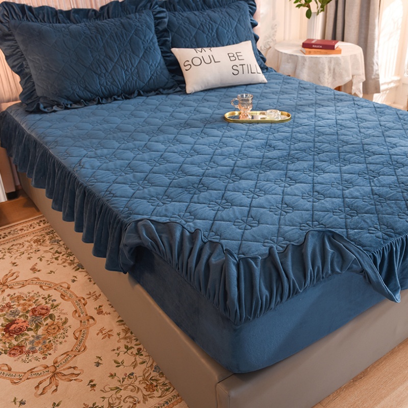 荷叶边夹棉水晶绒床笠宝蓝深蓝色加厚法兰绒床垫套防滑固定床套罩