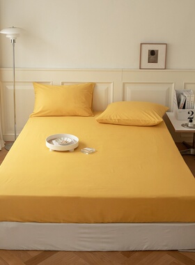 纯棉深黄色床笠单件高密度全棉防滑床垫罩芒果黄金黄纯色床套罩