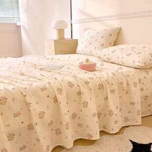 儿童卡通小象全棉双层纱床单单件浅咖奶黄色纯棉柔软纱布棉被单