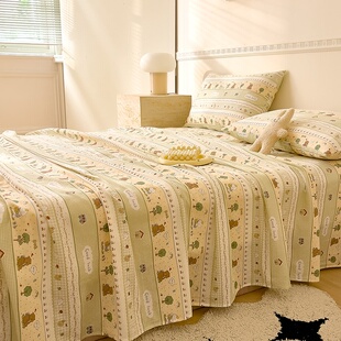 儿童动漫条纹全棉双层纱床单单件浅绿米黄浅黄色高端A类纯棉被单