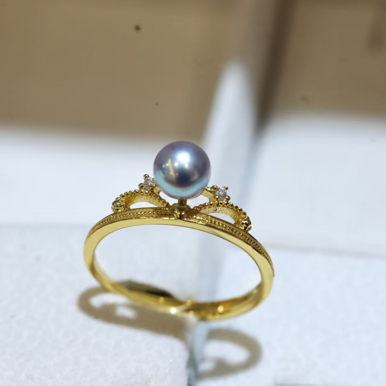 真多麻珍珠戒指 S925银皇冠镶钻 5-6mm天然海水akoya仙女求婚礼物