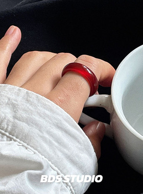 BDS STUDIO天然红玛瑙石戒指女复古安哥拉红色百搭气质指戒ins风