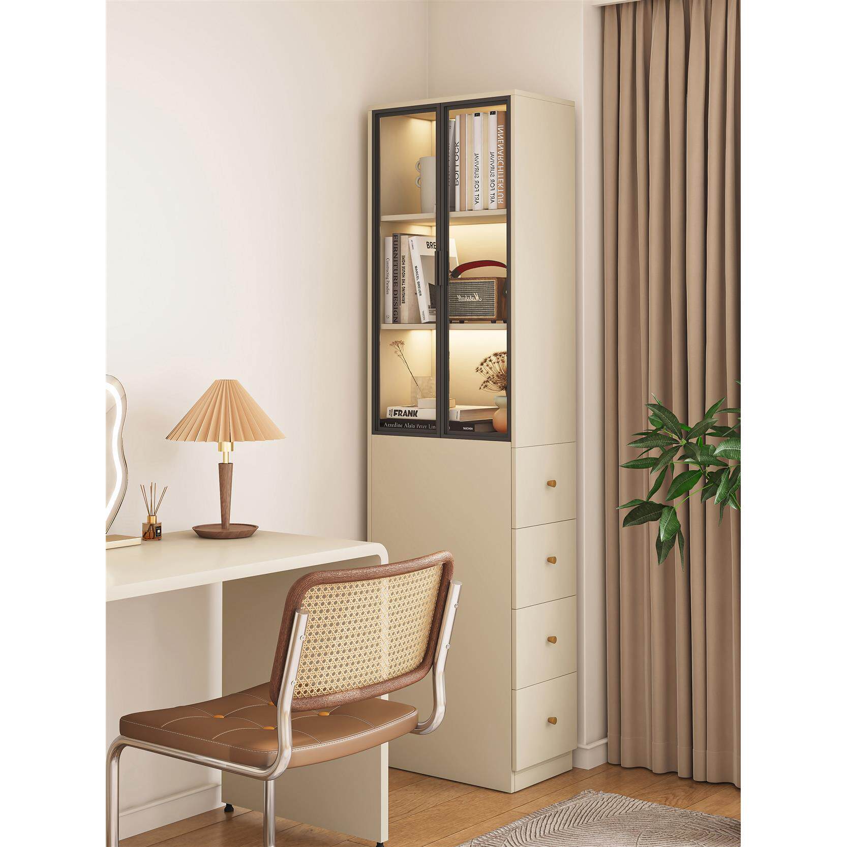 极窄侧面抽拉柜客厅沙发边柜侧边柜墙角柜带玻璃门展示柜30cm书柜