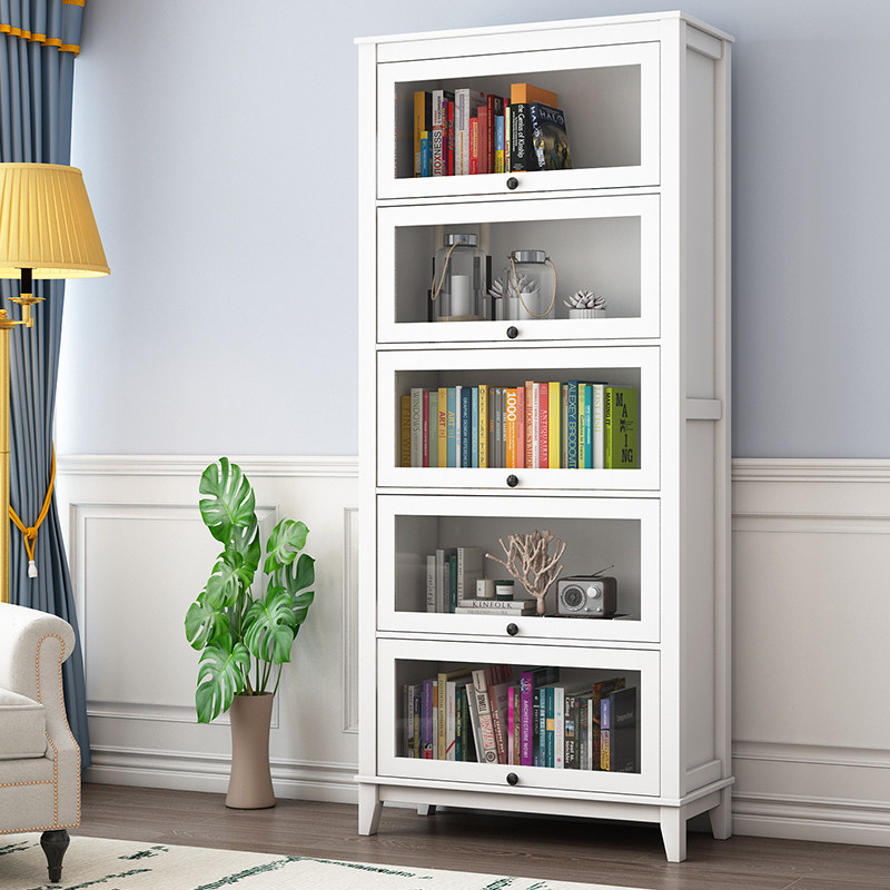 简约轻奢客厅书柜带门书架落地靠墙置物架收纳柜实木玻璃储物窄柜