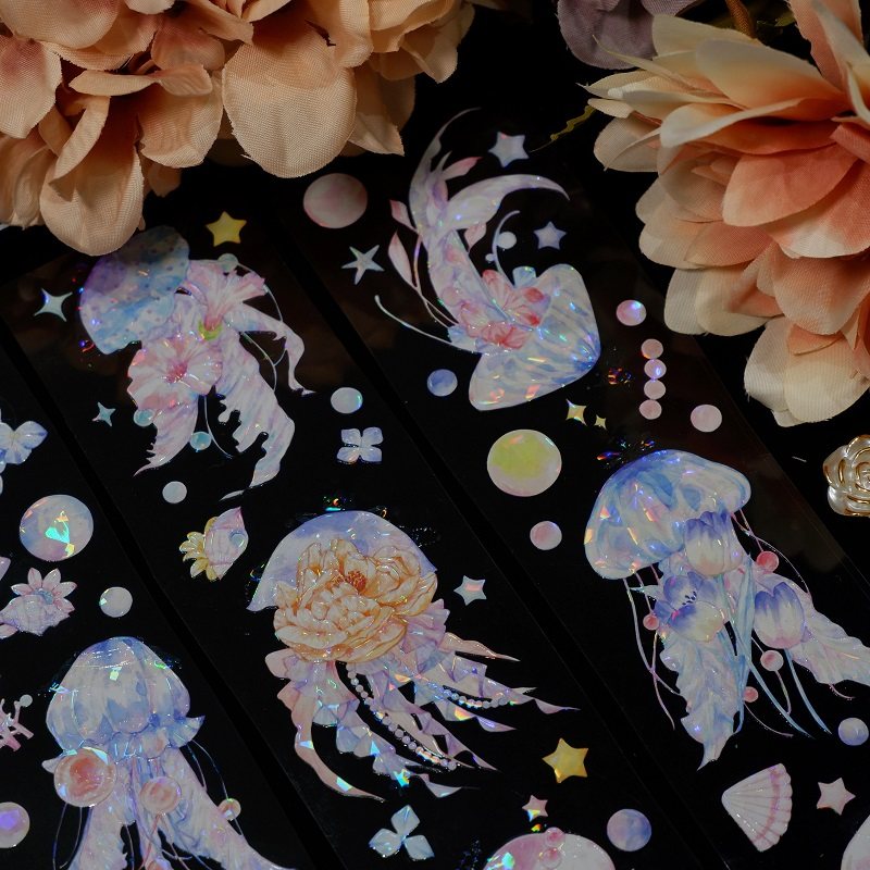 现货分装 夜光巡游 漂亮水母 PET贝壳光手帐胶带
