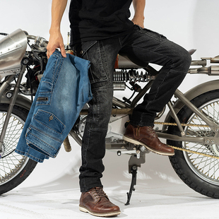 摩托车骑行裤夏季四季防摔大口袋牛仔裤男士机车赛车护具高弹大码