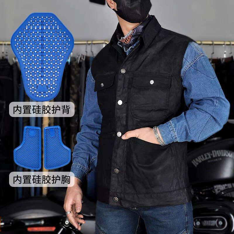VOLERO 摩托车马甲男女 休闲复古涂层打蜡四季机车背心防摔骑行服