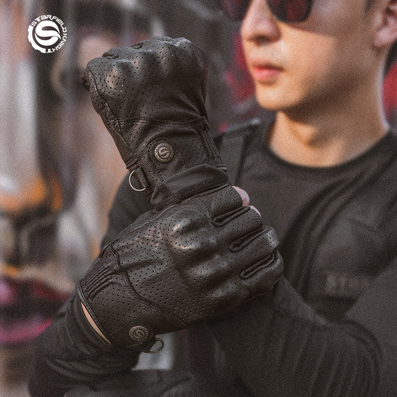 星空骑士夏季摩托车真皮手套男半指复古机车骑行露指防摔透气全指