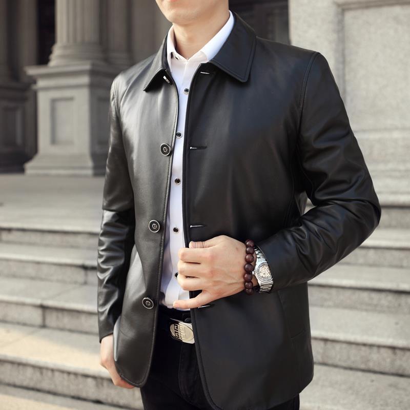 秋冬新款男士真皮皮衣男式翻领修身短款皮装夹克外套男海宁
