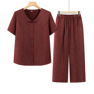 奶奶装夏季套装妈妈洋气6070岁老太太衣服中老年人女子大码T恤女