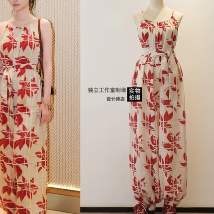现货明星同款吊带印花连衣裤裙长裤阔腿裤女宽松连体裤夏季裙