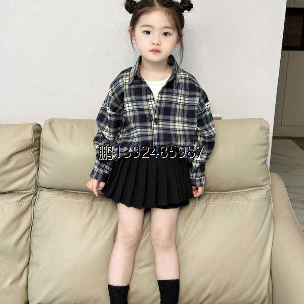 女童复古蓝黑格子外套衬衫秋装新款小童儿童翻领长袖开衫女宝衬衣