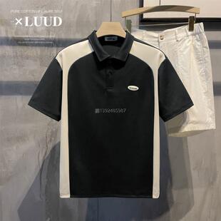 LUUD 男士夏季凉爽面料短袖保罗衫复古潮牌拼色翻领微宽poloT恤衫