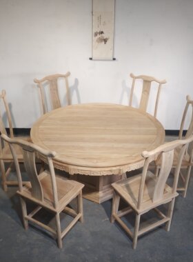 北方老榆木餐桌圆桌饭桌仿古中式实木饭店餐厅无腿餐桌白茬白坯