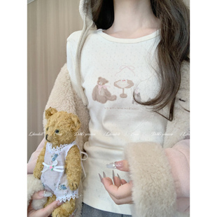 小熊可颂 新款 杏色印花长袖 女秋季 百搭休闲圆领上衣 T袖 DOLL原创