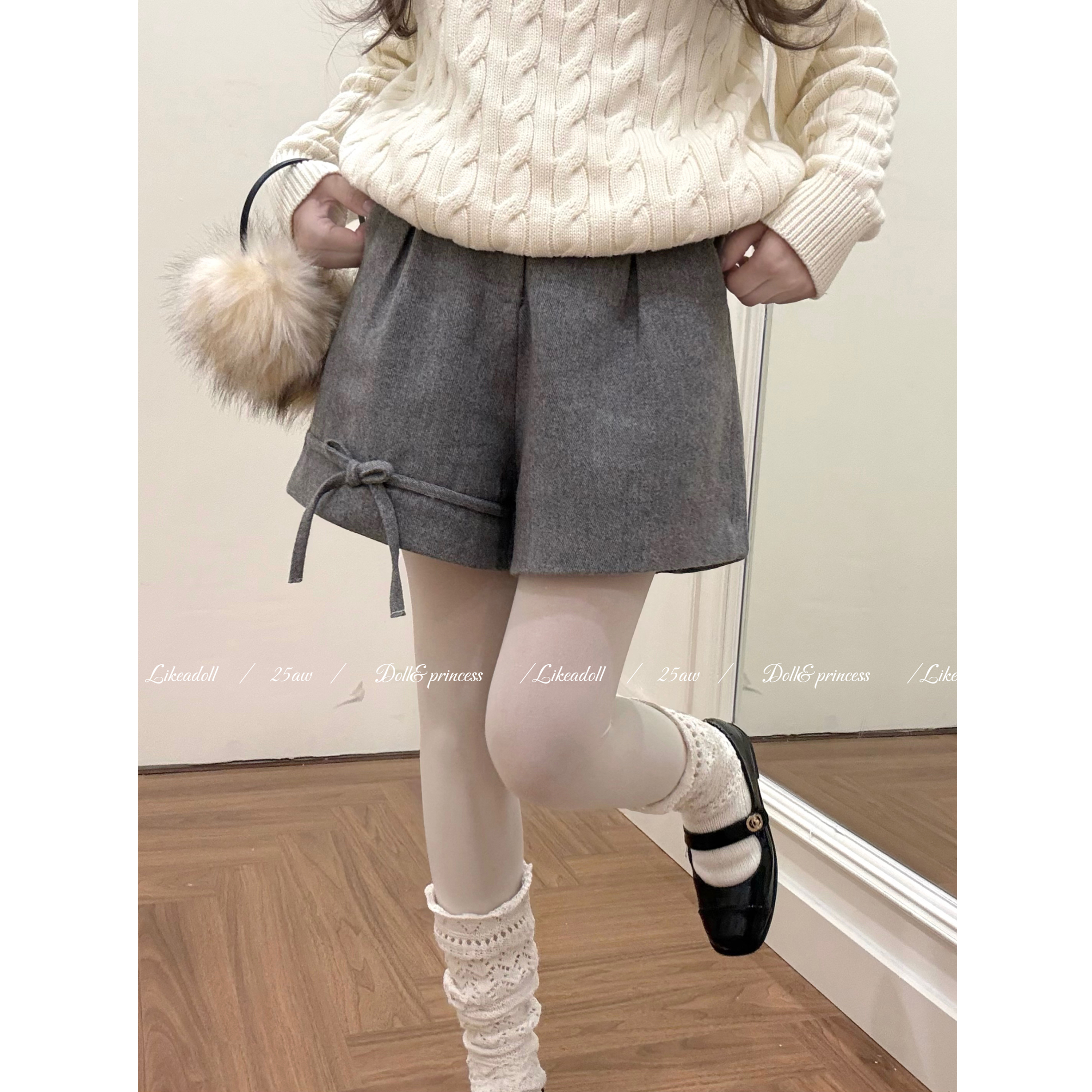 DOLL原创-小羊绑带-灰色蝴蝶结高腰短裤女秋冬新款百搭休闲阔腿裤