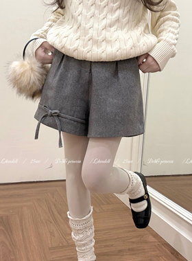 DOLL原创-小羊绑带-灰色蝴蝶结高腰短裤女秋冬新款百搭休闲阔腿裤