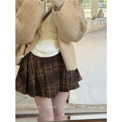 DOLL原创~公主香香~复古格子半身裙女冬季设计感高腰百褶裙