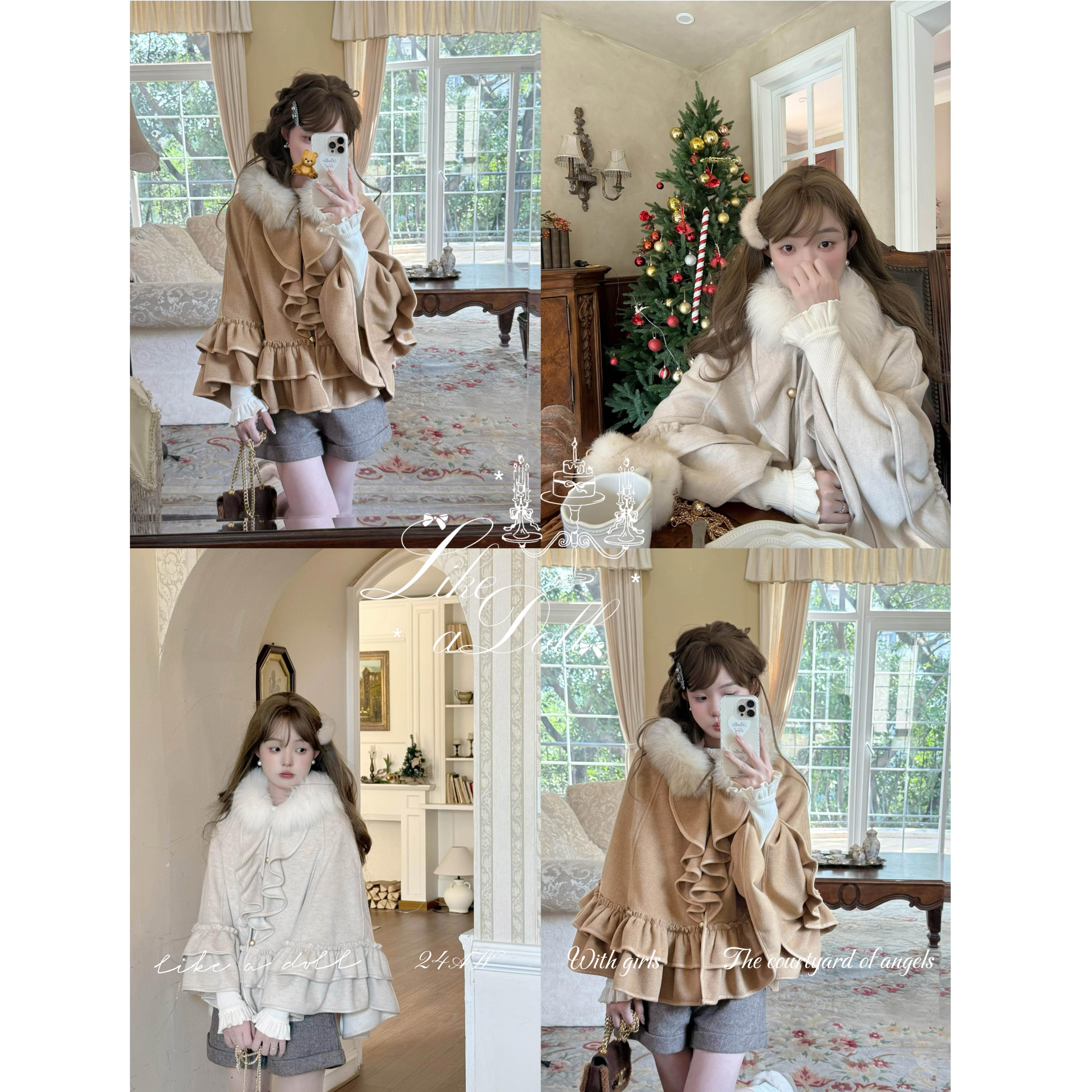 DOLL原创-梨绘小奈- 千金氛围感斗篷女冬季设计感毛领呢大衣外套