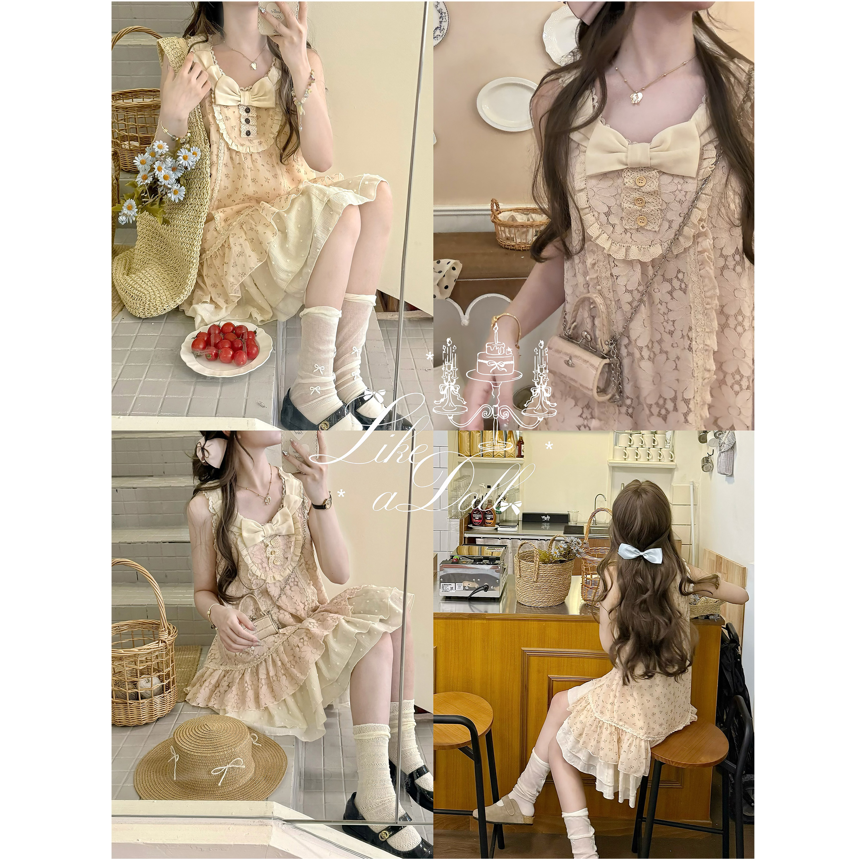 DOLL原创-浮雕花墙-古早蝴蝶结碎花蕾丝连衣裙甜美设计感中长裙