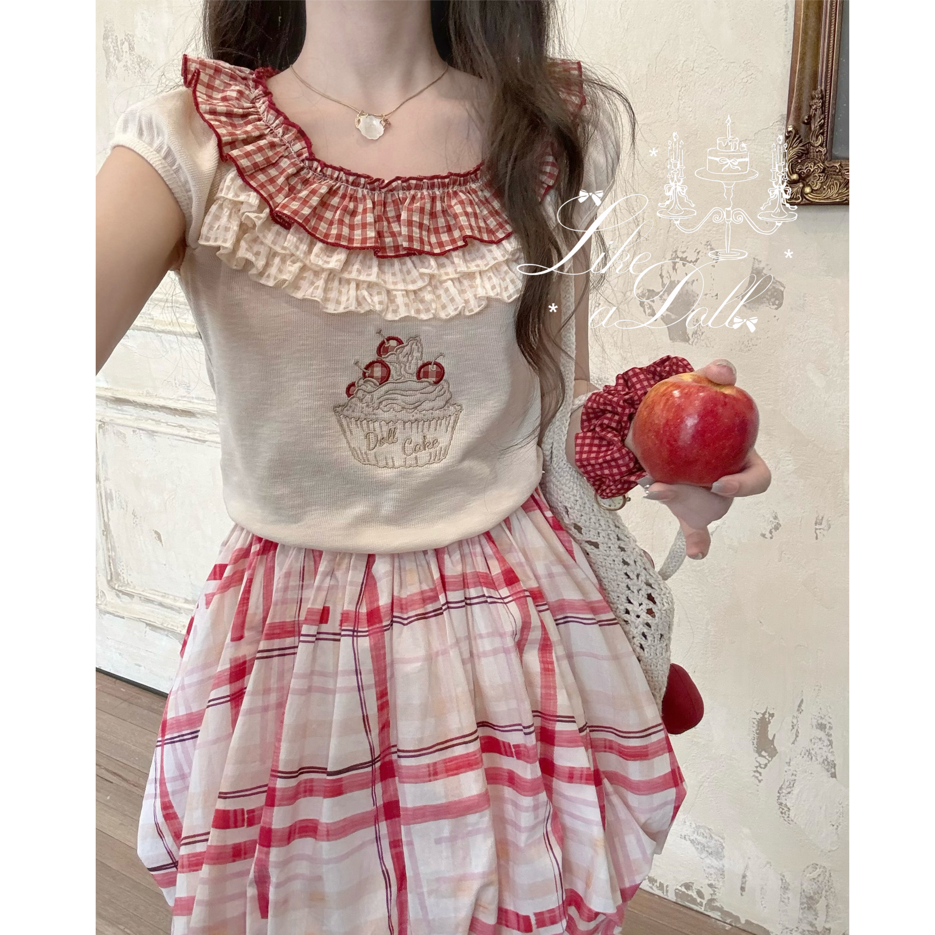 樱桃蛋糕刺绣短袖T恤针织衫短袖